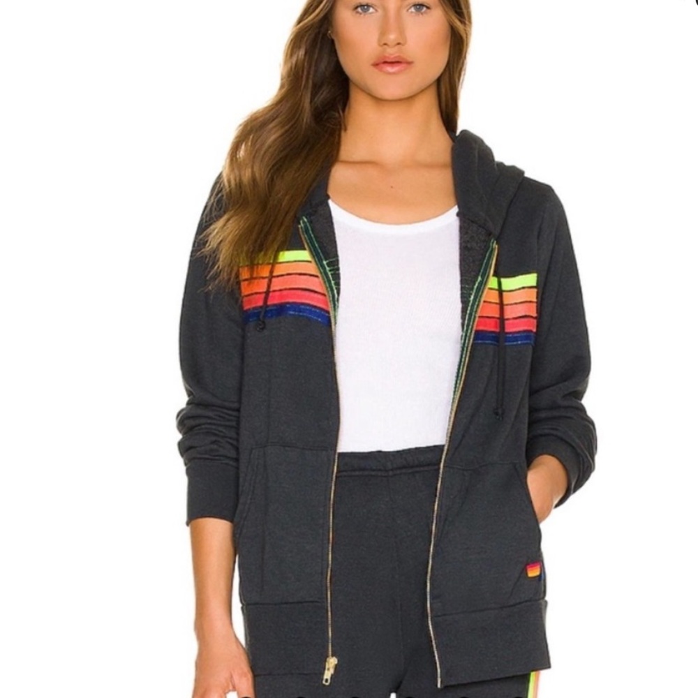Aviator Nation Black Zip Hoodie with Rainbow Stripe